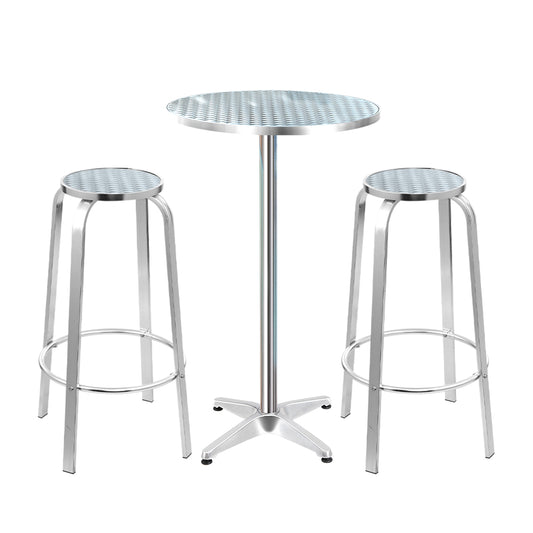 Apex aluminium bistro bar set with round table and two stools on white background