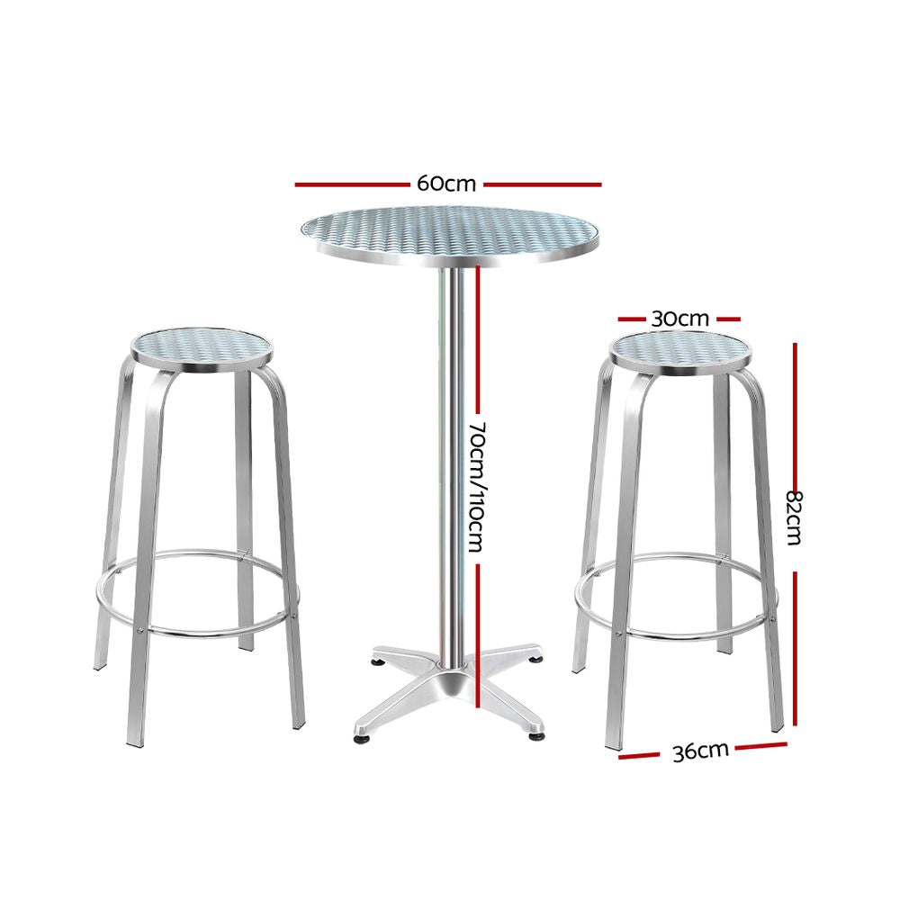 Apex aluminium bistro round bar table and two stools on white background with dimensions of height and width