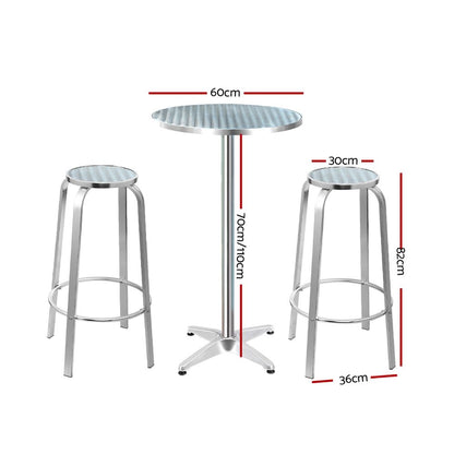 Apex aluminium bistro round bar table and two stools on white background with dimensions of height and width