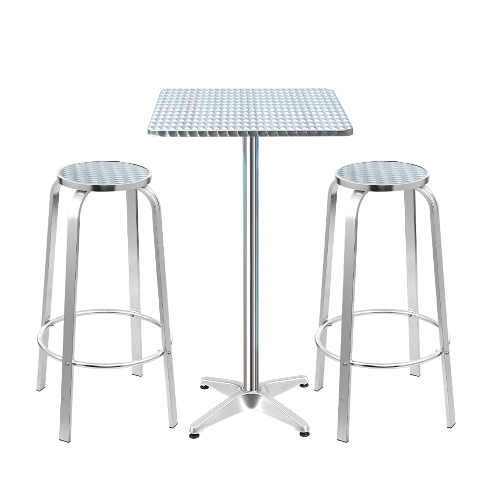 Apex aluminium bistro bar set with square table and two stools on white background