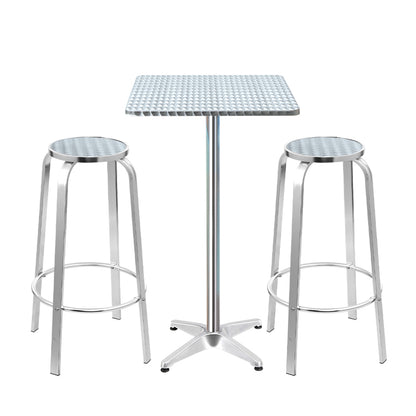 Apex aluminium bistro bar set with square table and two stools on white background