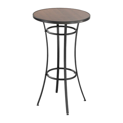 Round bar table with wooden top and metal frame on a white background