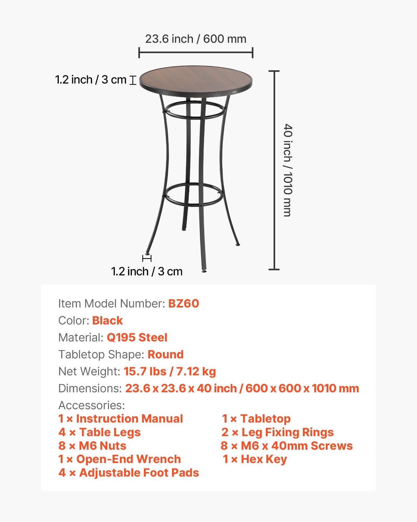 Measurement chart of a round bar table with dimensions and specifications.