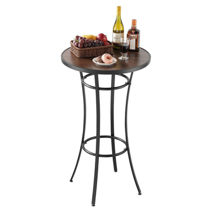 Round bar table with wine, fruit, and a basket on a white background