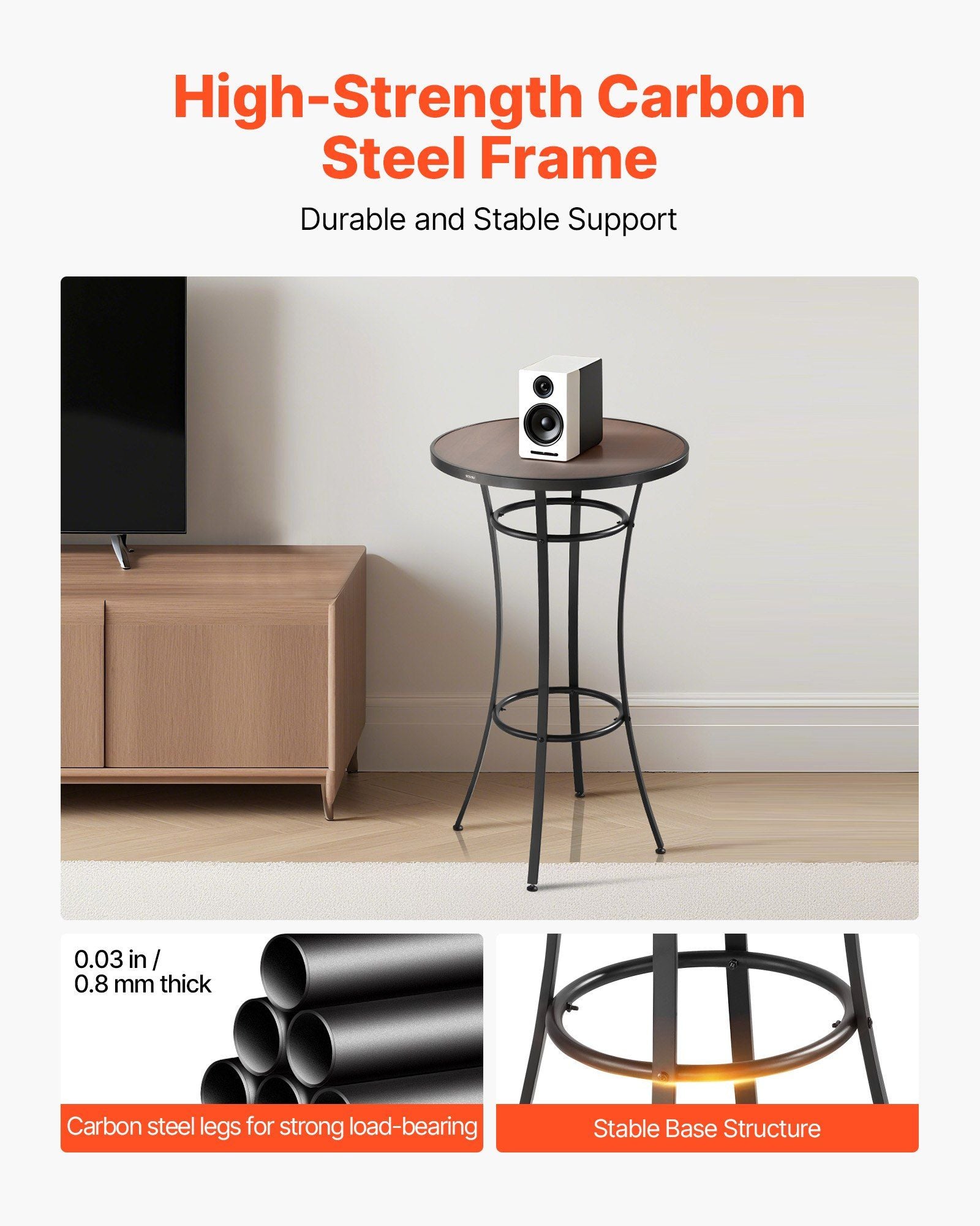 Side table with high-strength carbon steel frame, TV stand, and close-up of carbon steel legs on a light background.