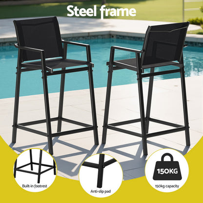 Outdoor Bar Stools Steel Dining Chairs Patio Furniture Garden Black (Set of 2)