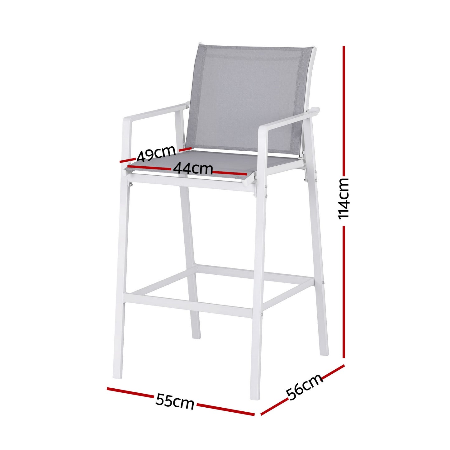 White bar chair with gray mesh backrest and dimensions on a white background