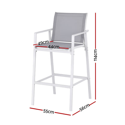 White bar chair with gray mesh backrest and dimensions on a white background