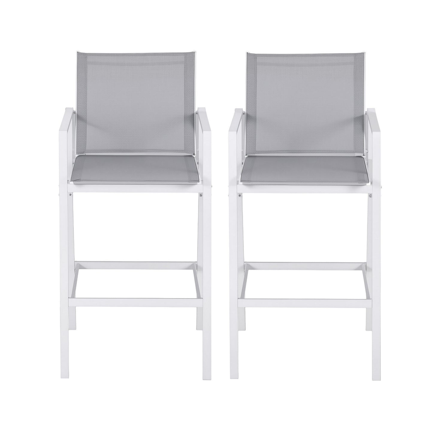 Two white bar stools with gray seats on a white background