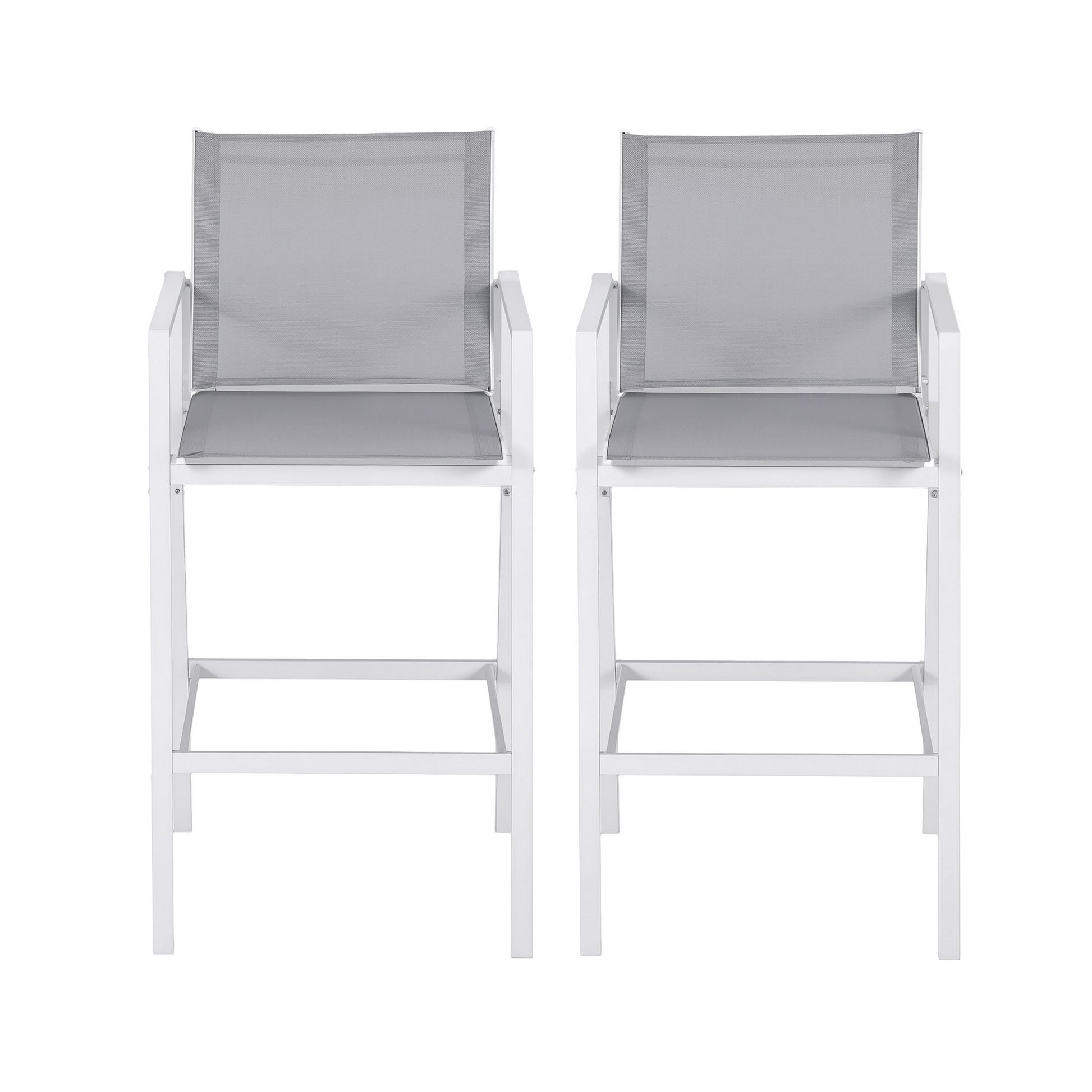 Two white bar stools with gray seats on a white background