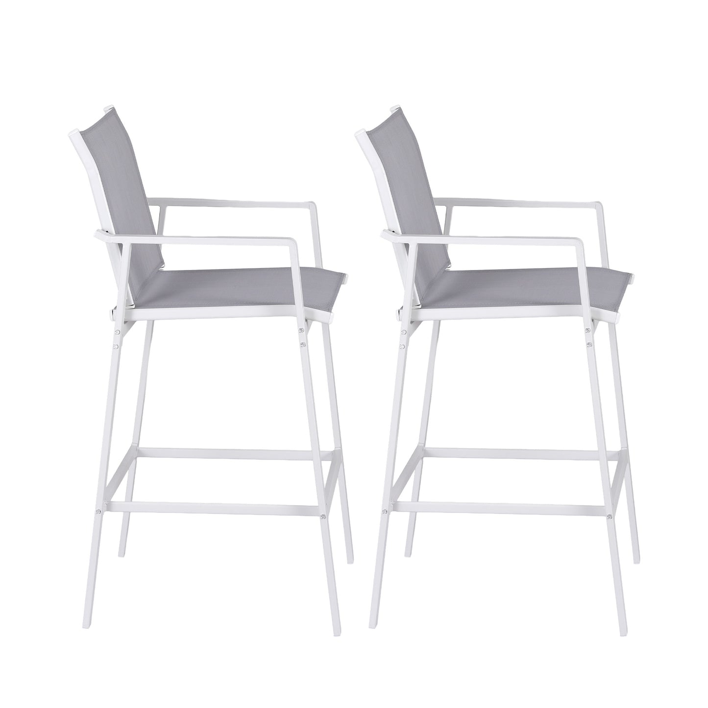 Two white bar stools with gray cushions on a white background