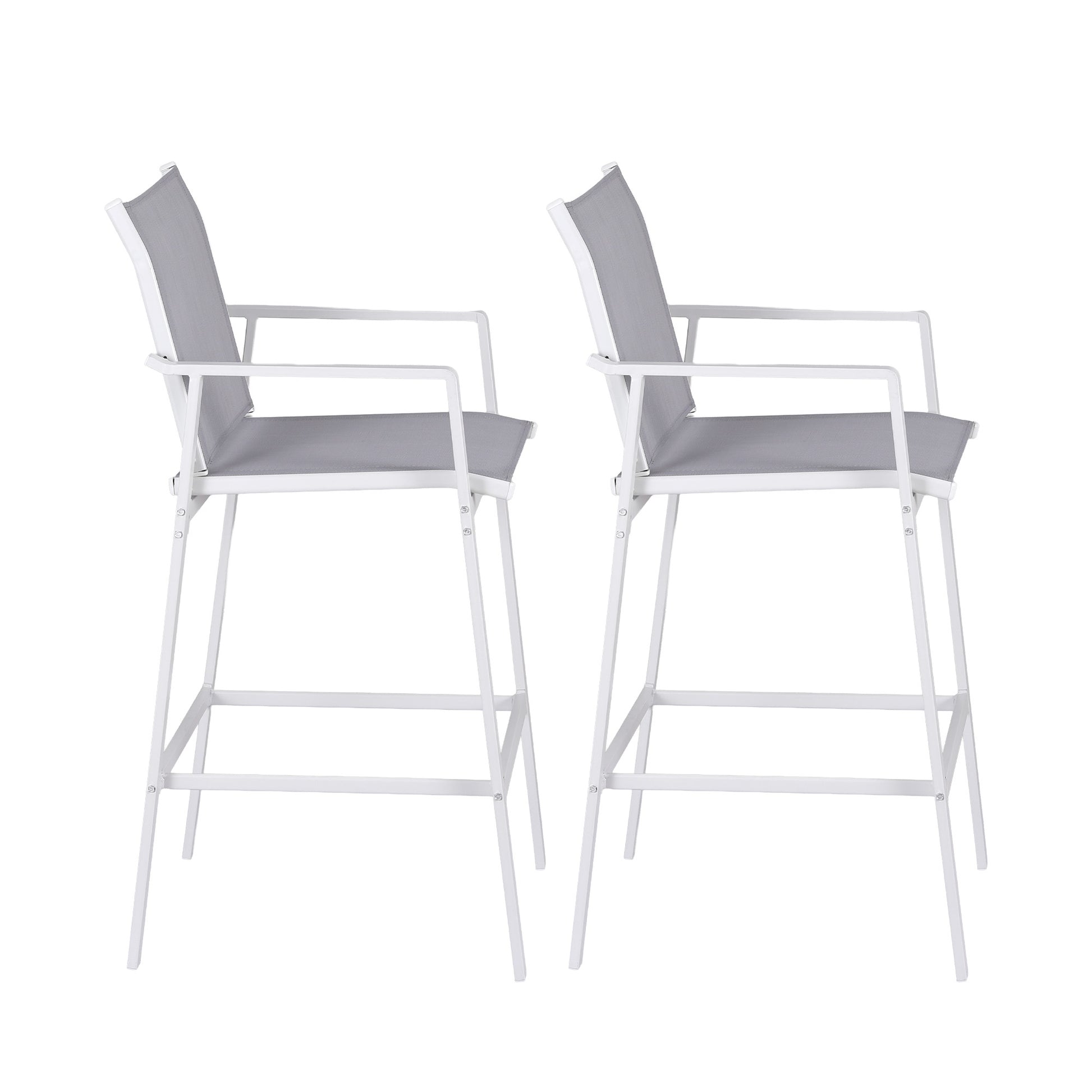 Two white bar stools with gray cushions on a white background