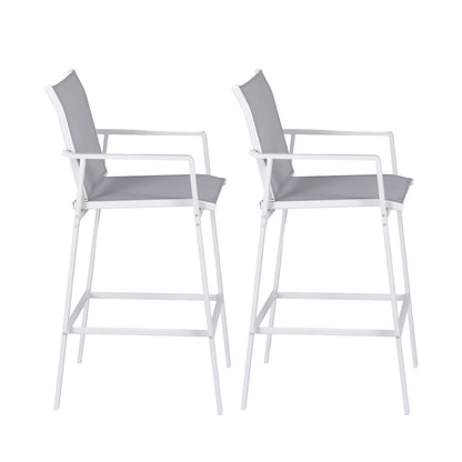 Two white bar stools with gray cushions on a white background