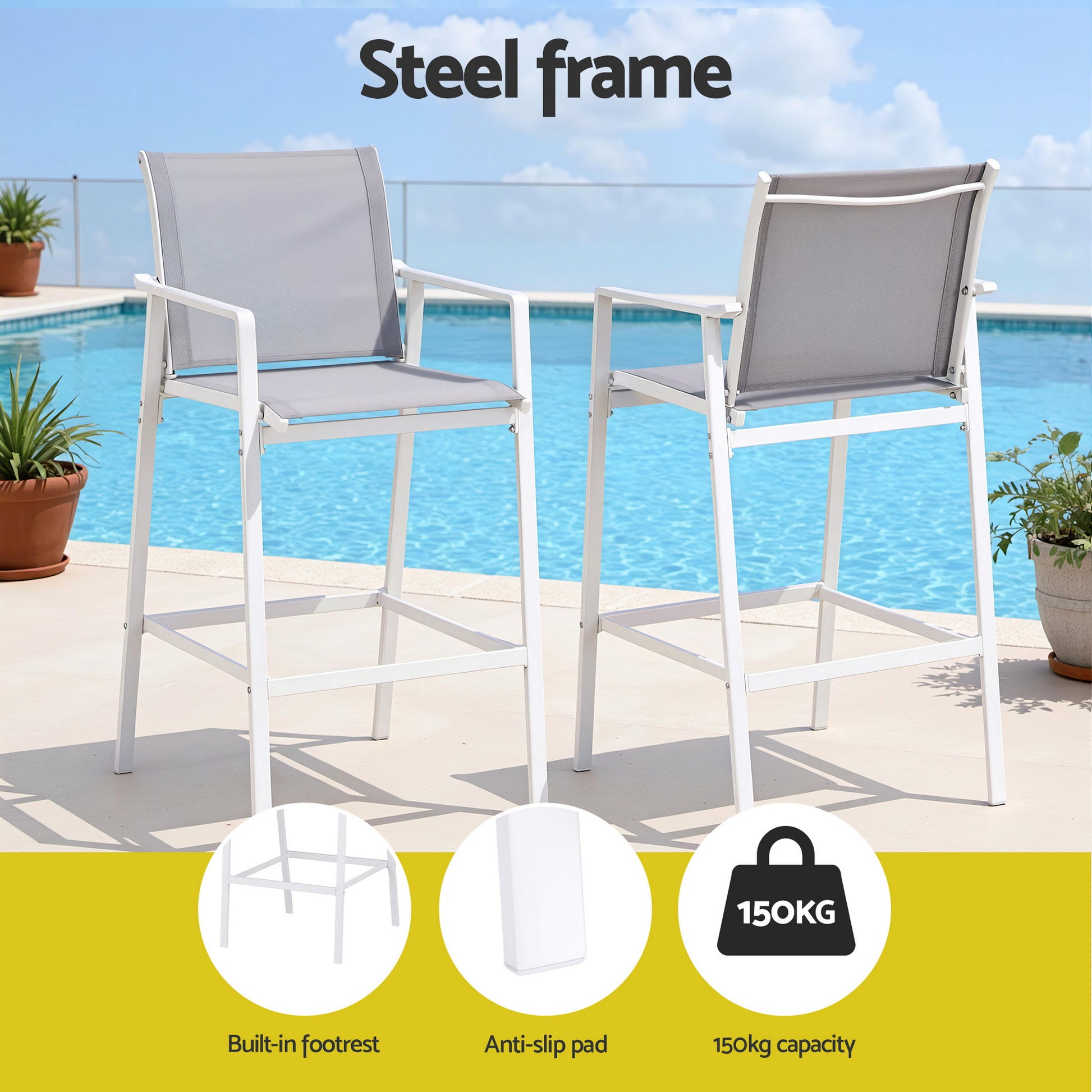 Two gray outdoor bar stools with white frames on a patio with a pool in the background.