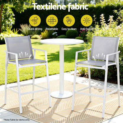 Outdoor patio set with two high chairs and a table on a patio, featuring textilene fabric benefits.
