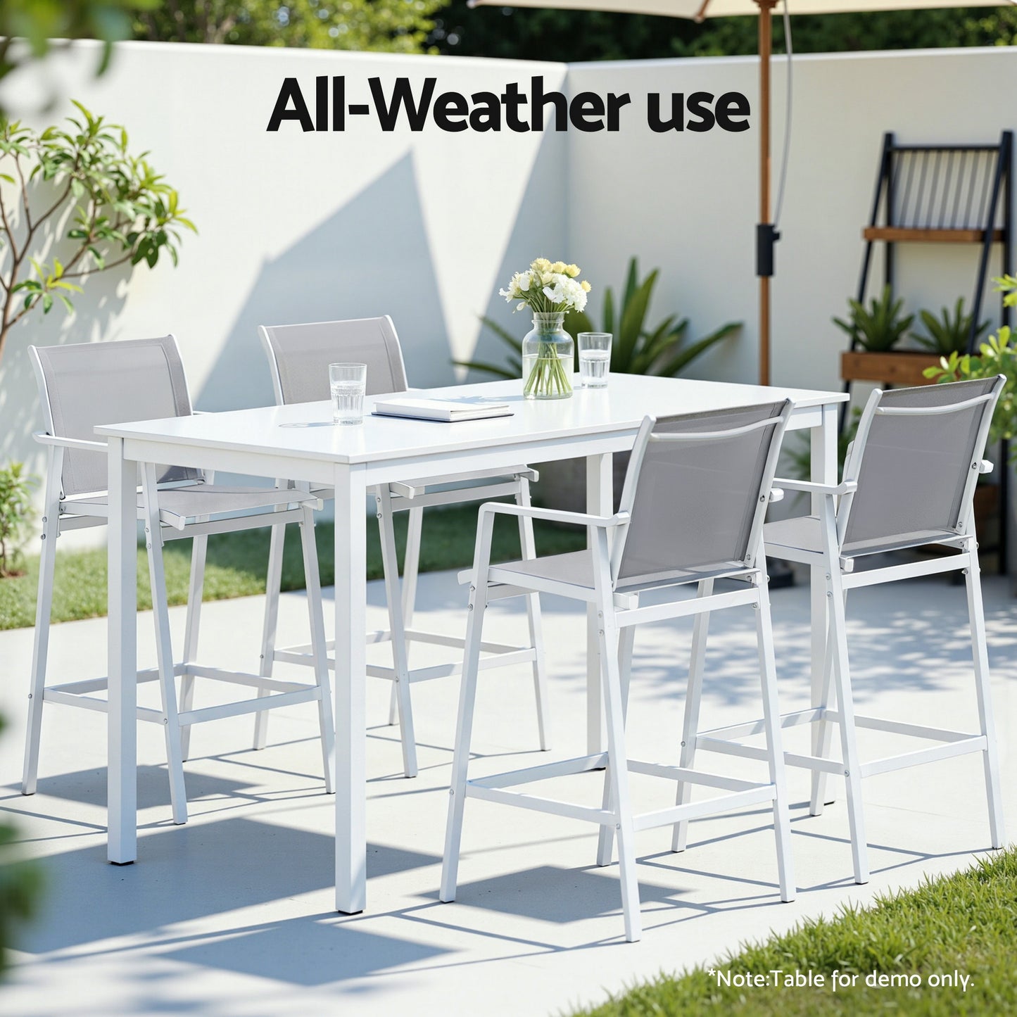 Outdoor dining set with table and chairs on a patio, labeled 'All-Weather use'.