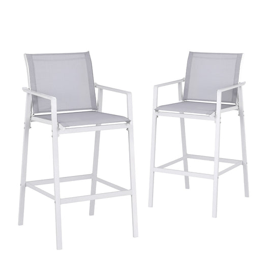 Two white bar stools with gray seats on a white background