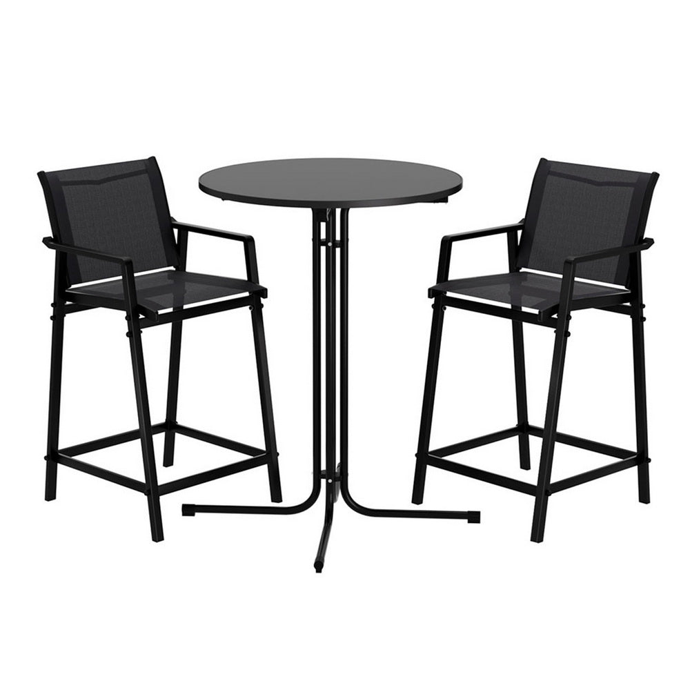 Black outdoor bar table and two matching bar stools