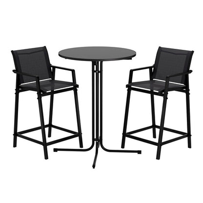 Black outdoor bar table and two matching bar stools