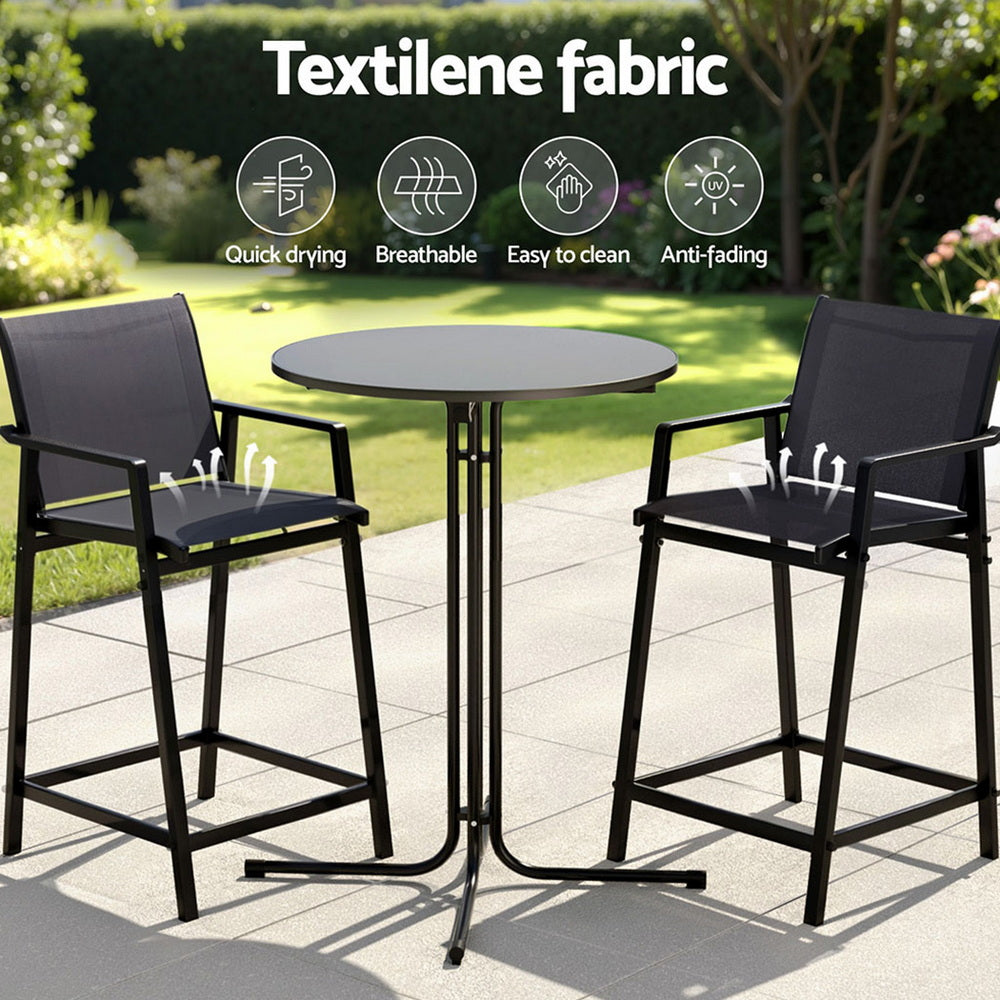 Outdoor patio set with high chairs and a table on a patio, featuring Textilene fabric with icons and text.