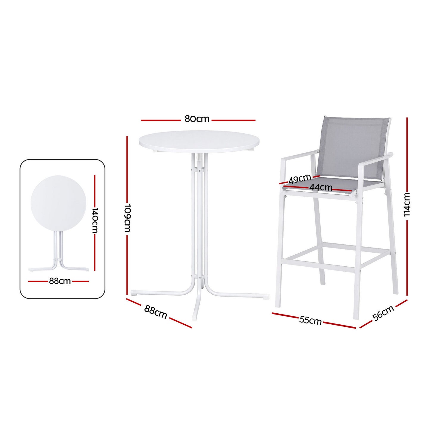 Outdoor furniture set with table and chair, including dimensions on a white background