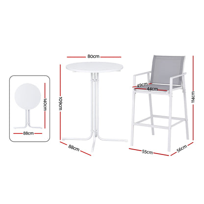 Outdoor furniture set with table and chair, including dimensions on a white background