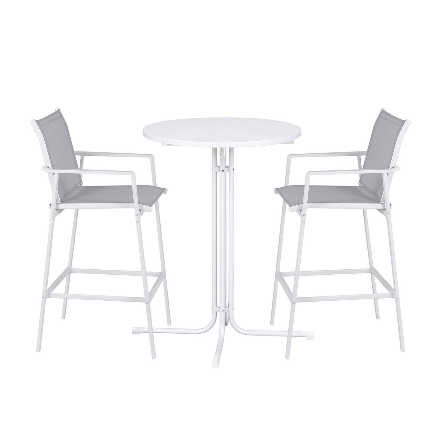 White round table with two matching chairs on a white background