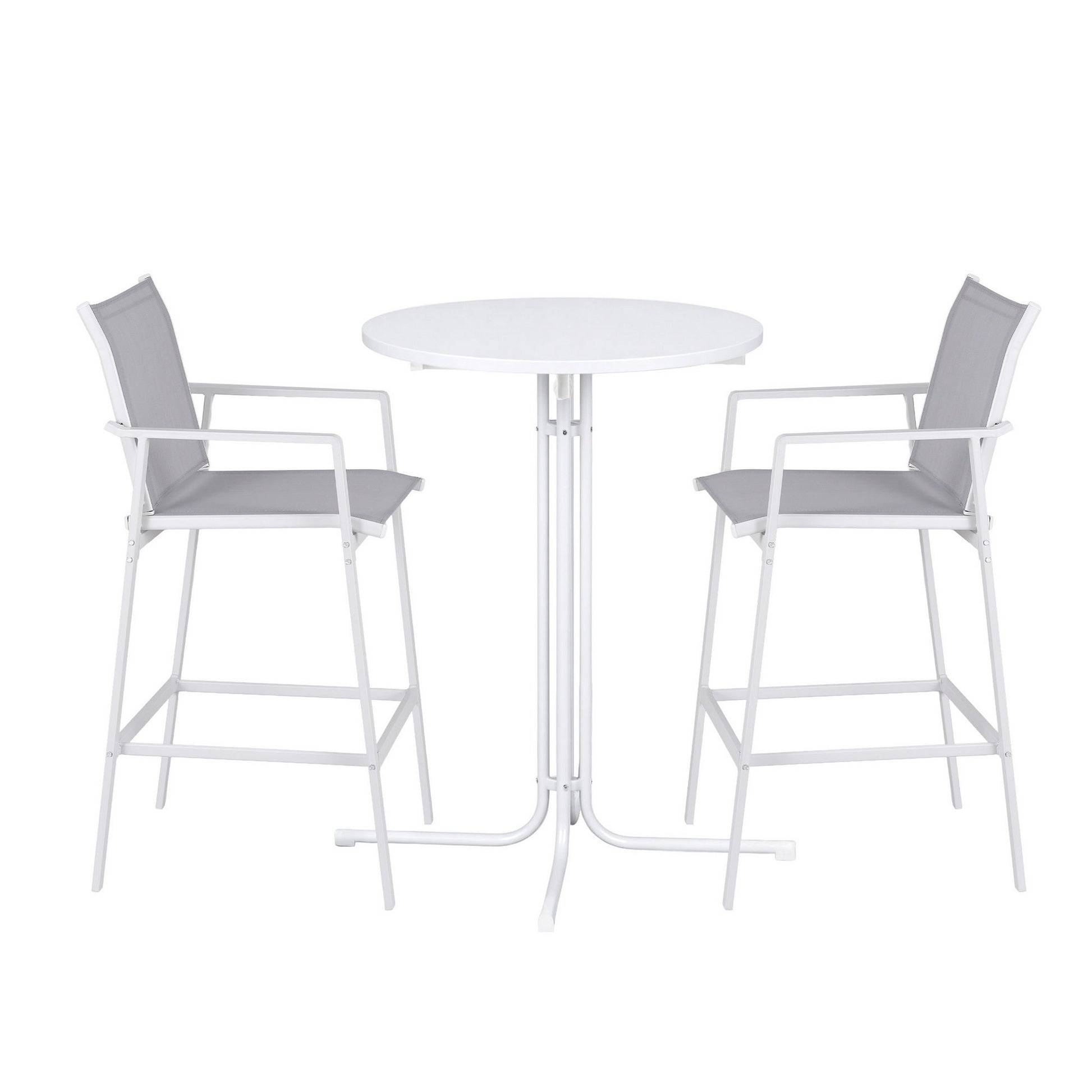 White round table with two matching chairs on a white background