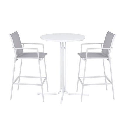White round table with two matching chairs on a white background
