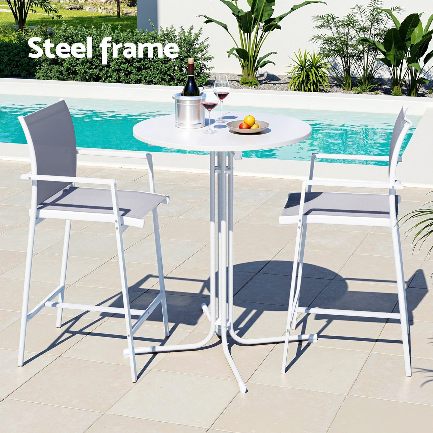 Outdoor dining set with white table and chairs by a pool, labeled 'Steel frame'.