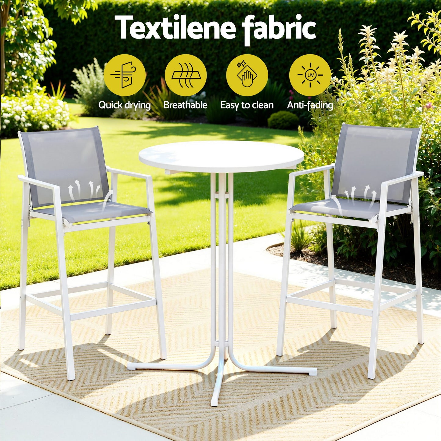 Outdoor patio set with high chairs and a table on a patio, featuring Textilene fabric with quick-drying, breathable, easy-to-clean, and anti-fading properties.