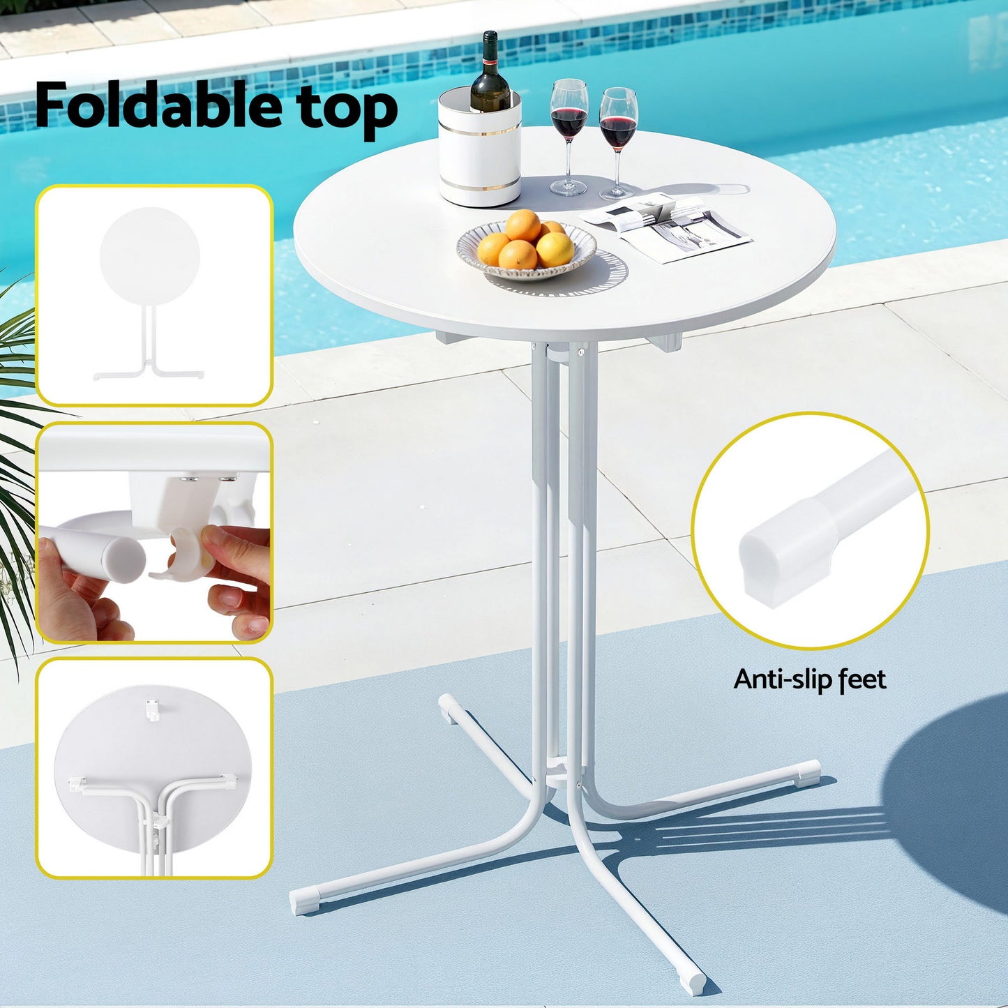 White foldable table by a pool with wine and fruit, highlighting features like a foldable top and anti-slip feet.