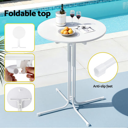 White foldable table by a pool with wine and fruit, highlighting features like a foldable top and anti-slip feet.