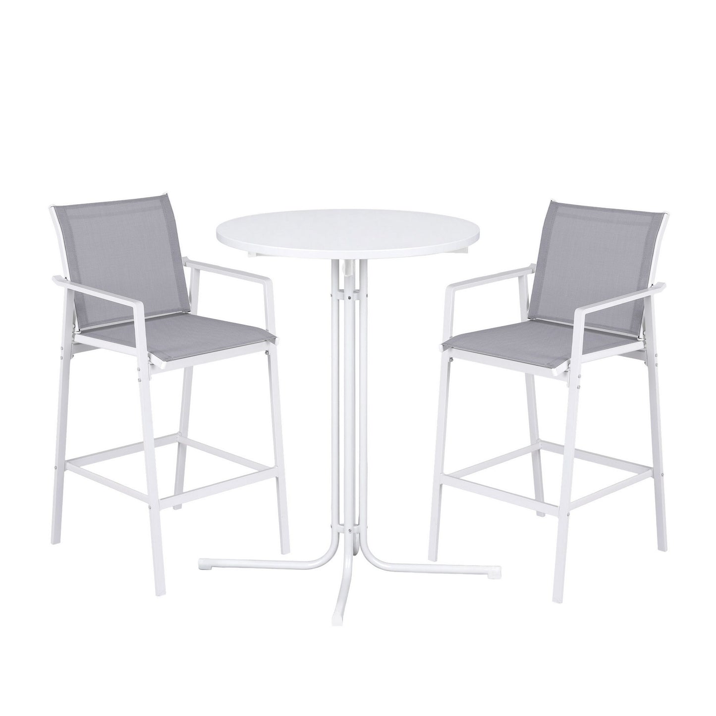 White outdoor table with two gray chairs on a white background
