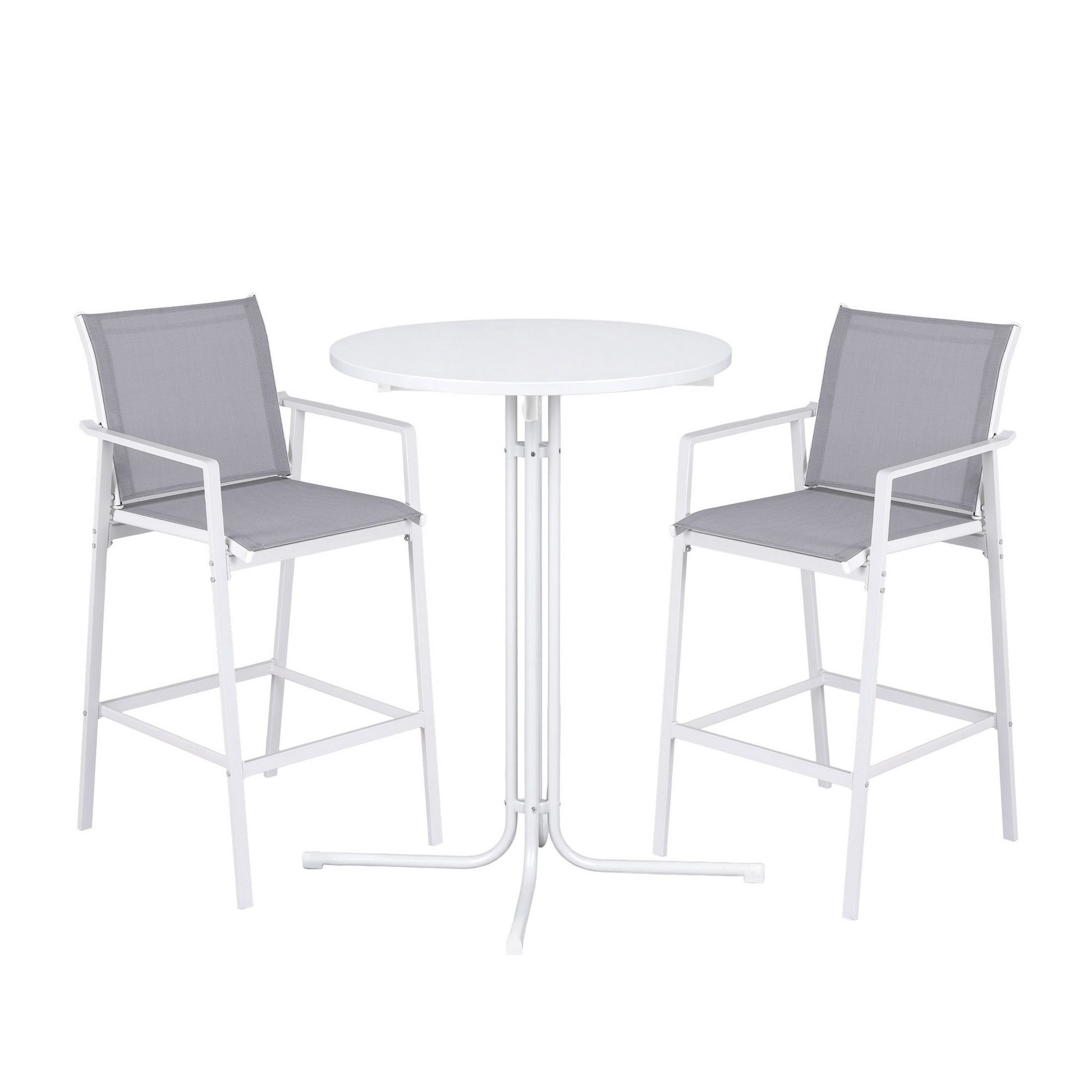 White outdoor table with two gray chairs on a white background