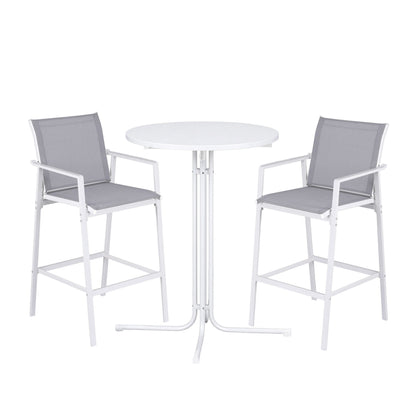 White outdoor table with two gray chairs on a white background