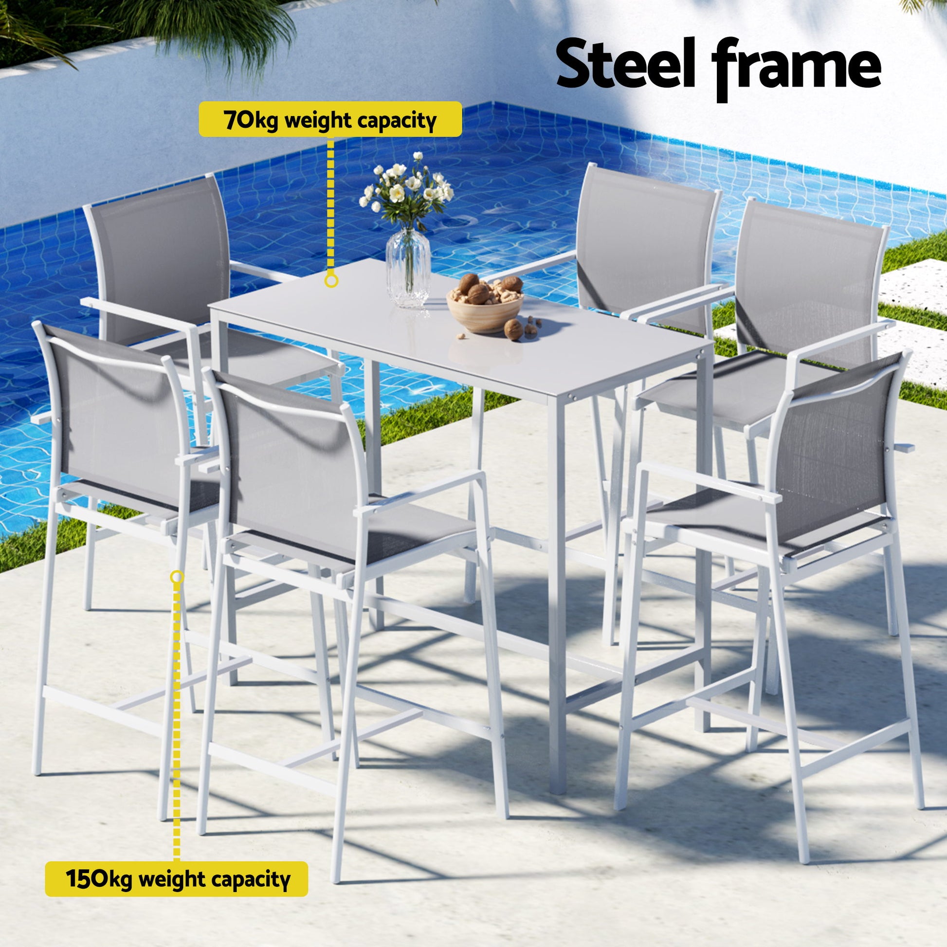Outdoor dining set with table and chairs by a pool, featuring a steel frame.