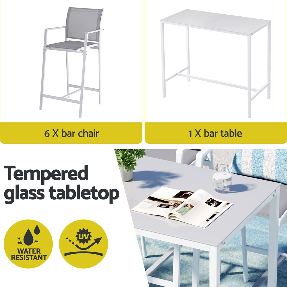 Outdoor furniture set with 6 bar chairs and 1 bar table on a white background.