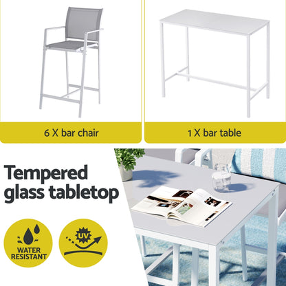 Outdoor furniture set with 6 bar chairs and 1 bar table on a white background.