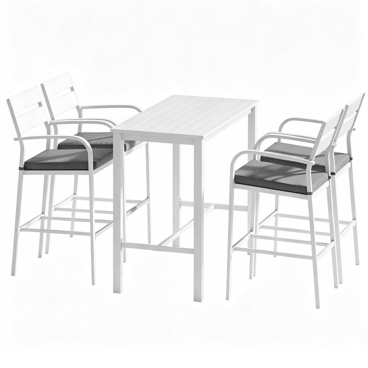 White dining table with four matching chairs on a white background