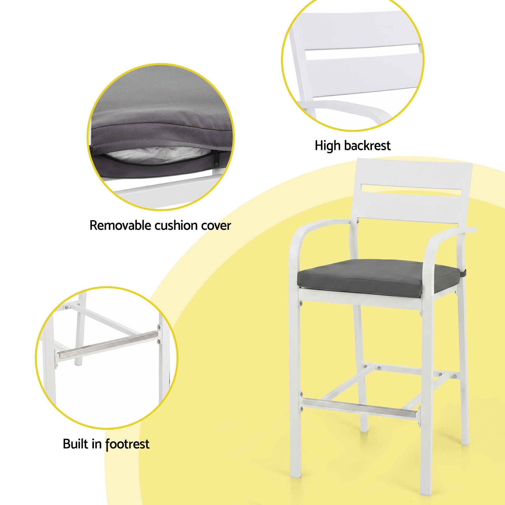 White bar stool with gray cushion on a yellow background, highlighting features like a high backrest, removable cushion cover, and built-in footrest.