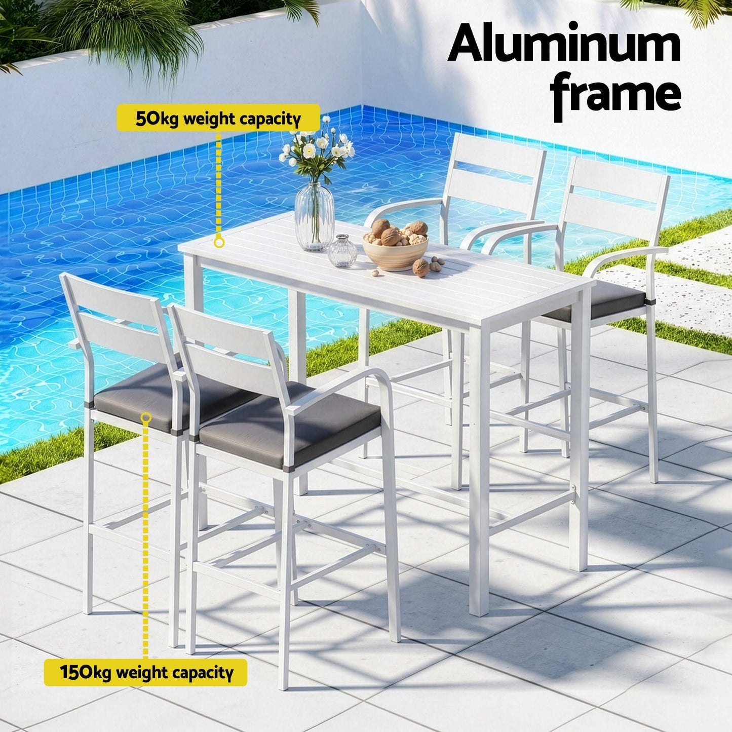 Outdoor furniture set with table and chairs by a pool, highlighting aluminum frame and weight capacity.