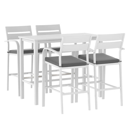 White outdoor table with four matching chairs on a white background