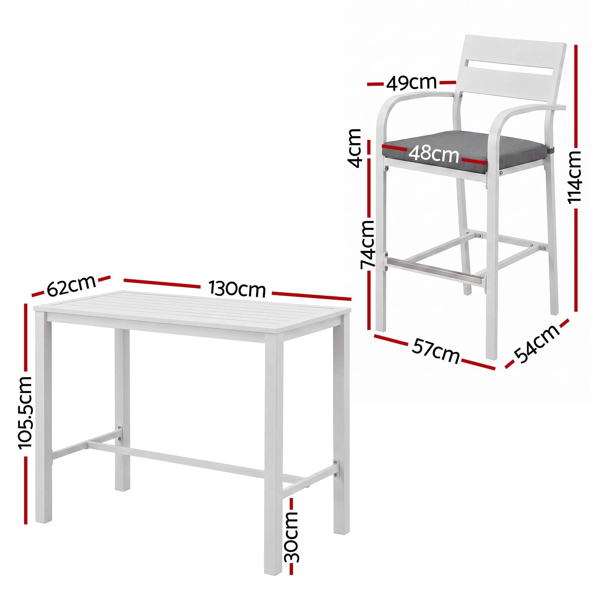 White table and chair with dimensions marked on a white background