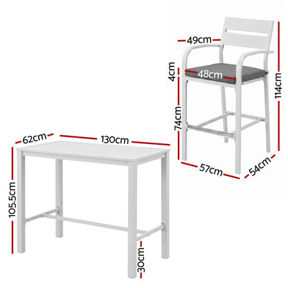 White table and chair with dimensions marked on a white background