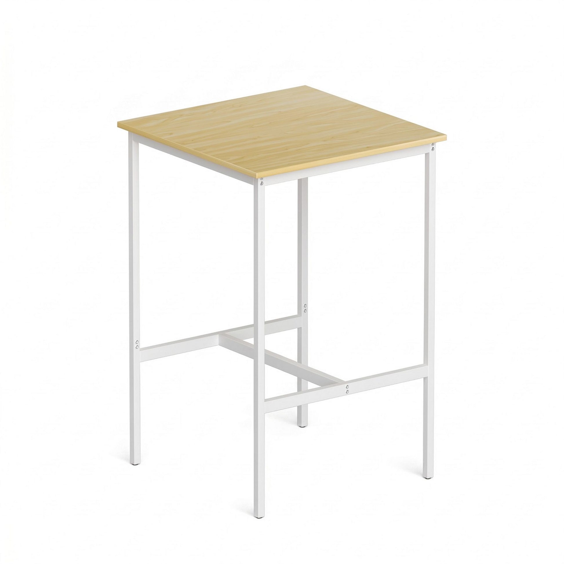 Wooden square bar table with white metal frame on a white background