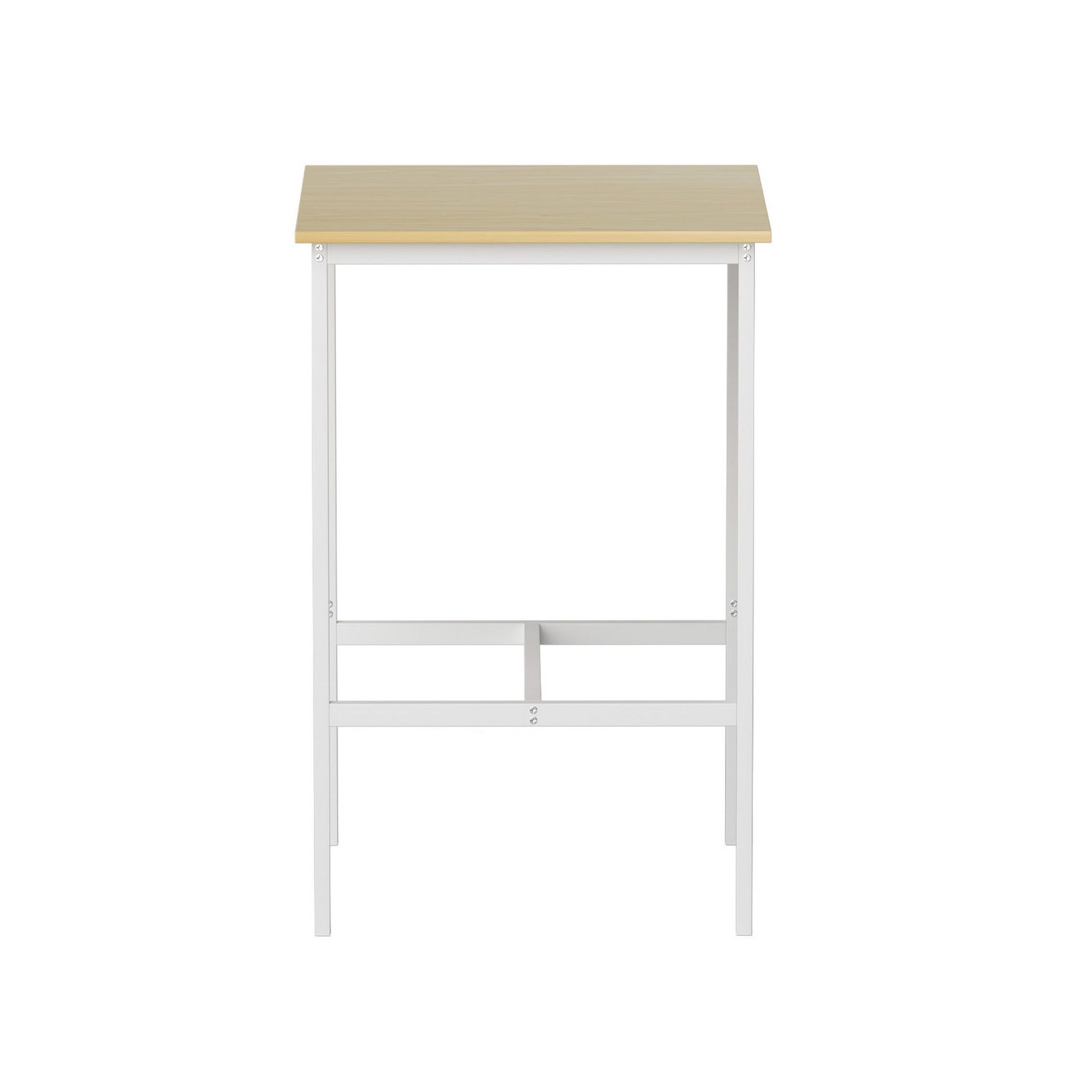 High table with a light wooden top and white base on a white background