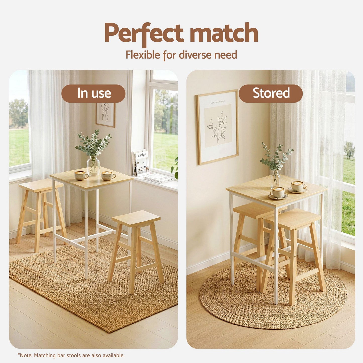 Collage showing a small dining set in use and stored, with text 'Perfect match' and 'Flexible for diverse need'.