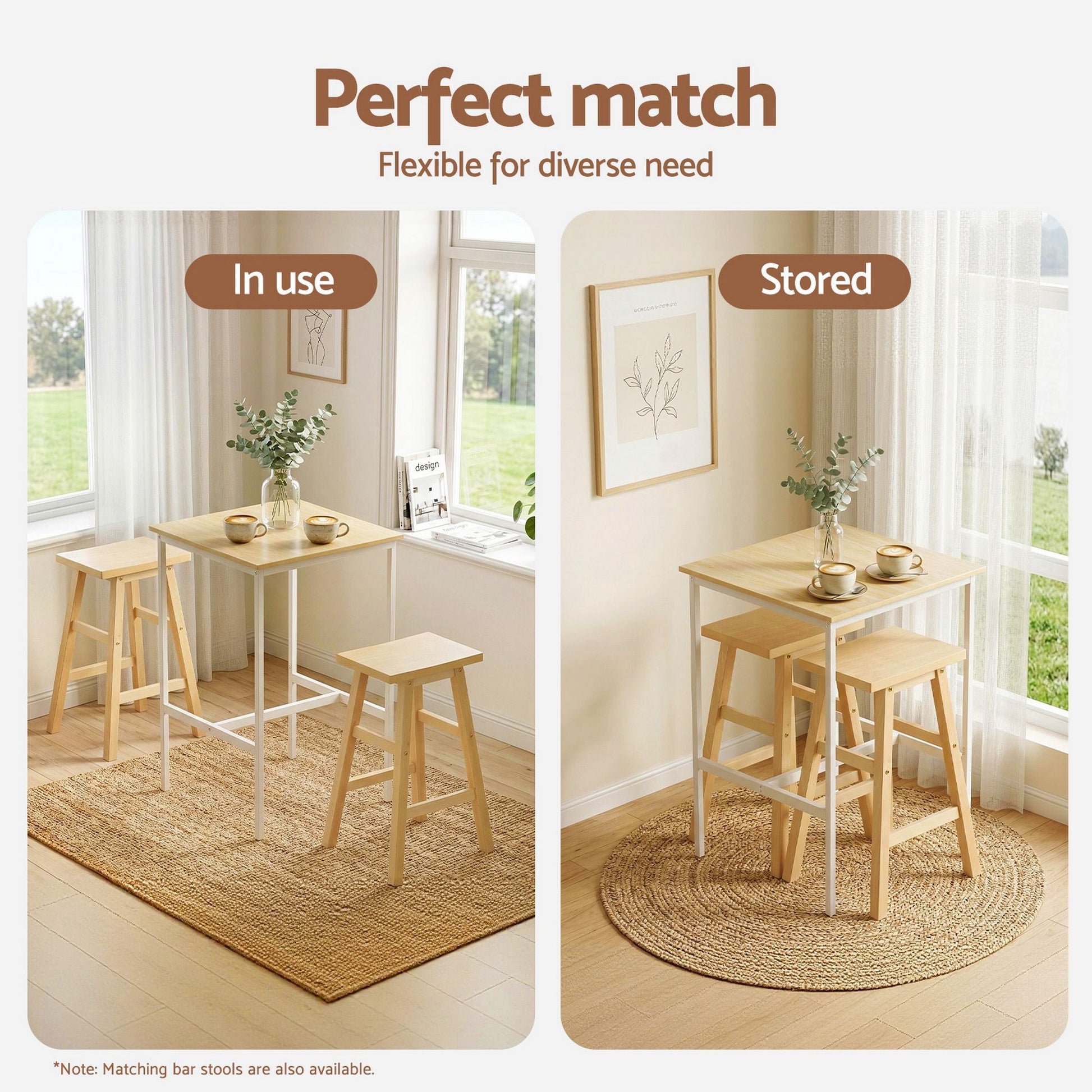 Collage showing a small dining set in use and stored, with text 'Perfect match' and 'Flexible for diverse need'.