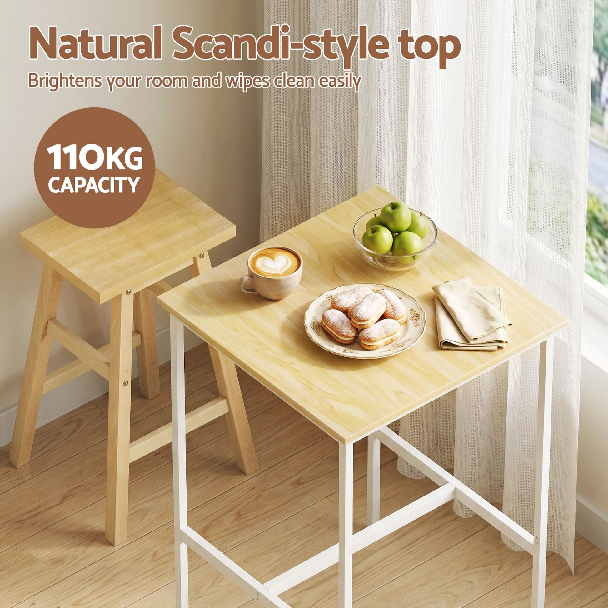 Wooden table with a chair in a room setting, featuring text about natural Scandi-style top and capacity.
